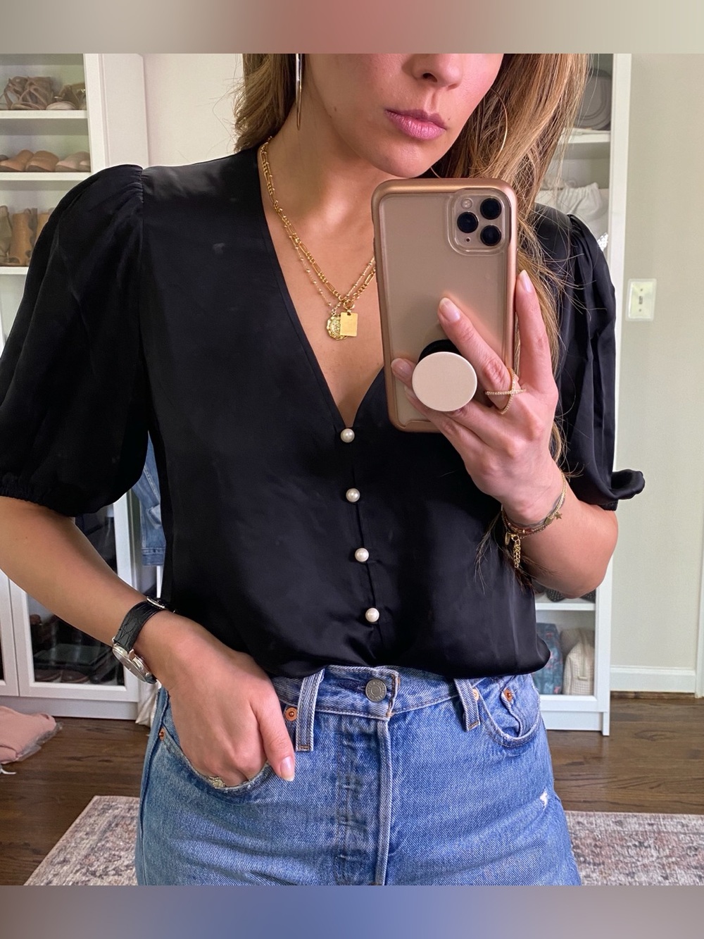 Aritzia Wilfred Black Silk Short Sleeve Blouse